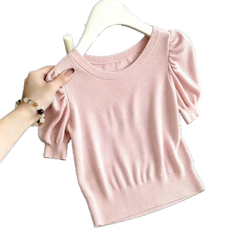 Summer Knitted T-Shirt Women's Loose Top Solid Color Crew Neck Short Sleeve Hollow Out Thin_ecoleips.com
