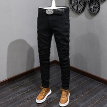 欧美高街时尚纯色新款男士牛仔裤高端休闲修身小脚弹力潮流百搭裤