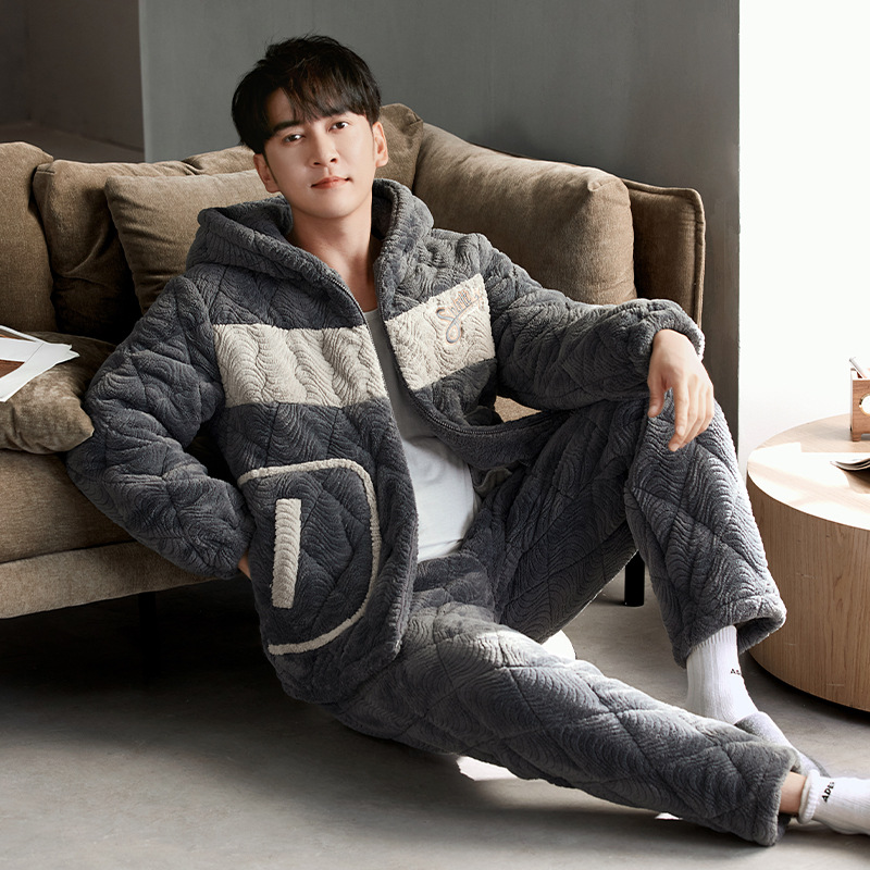겨울 잠옷 남자의 두꺼운 기모 3 층 면 따뜻한 산호 양털 가을과 겨울 남자 플러스 사이즈 홈 세트