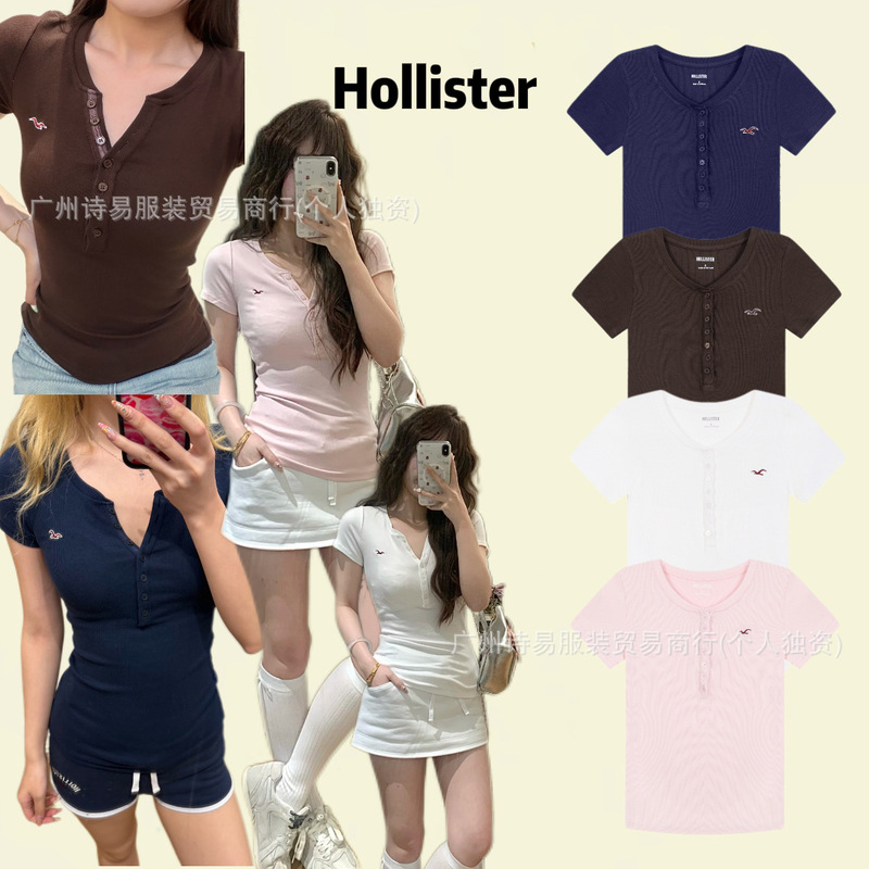 Korean Trendy Brand Hollister Little Seagull Classic Henley Collar Red Label Embroidered Slim-Fit Short-Sleeve T-Shirt for Women Korean Trendy Brand Hollister Little Seagull Classic Henley Collar Red Label Embroidered Slim-Fit Short-Sleeve T-Shirt for Women