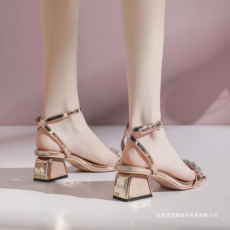Fairy-style one-strap mid-heel sandals for women, 2026 summer new Roman rhinestone high-heeled shoes, chunky heel versatile women's shoes Fairy-style one-strap mid-heel sandals for women, 2026 summer new Roman rhinestone high-heeled shoes, chunky heel versatile women's shoes