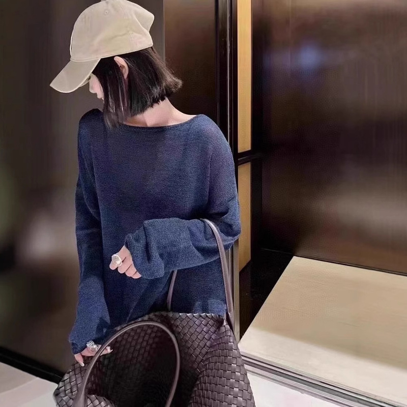 岛国jin口和纸纱一字领镂空长袖针织罩衫 两侧开叉宽松慵懒上衣女|undefined