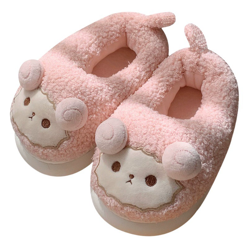 Зимние мягкие милые детские хлопковые тапочки с ягненком для девочек, нескользящая теплая плюшевая хлопковая обувь на полном каблуке для дома