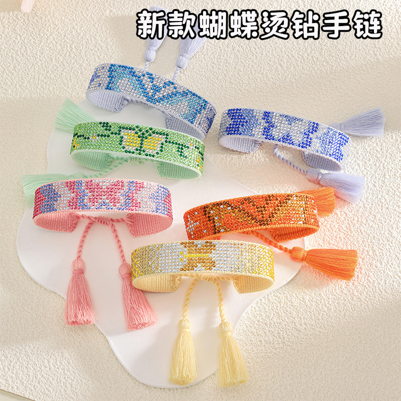 New Butterfly Hot Diamond Braided Adjustable Bracelet Girlfriend Friendship Handmade Tassel Full Diamond Bracelet Wholesale European and American Cross-Border