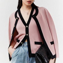 拼色羊毛针织复古金扣开衫/马甲套装 长袖上衣2025新款