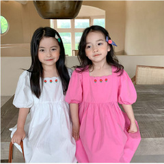Girls' Skirt Embroidery Small Flower Square Collar Dress Princess Dress 24 Summer New Fashion Foreign Trade Children's Clothing Distribution 3-8 Years Old 
