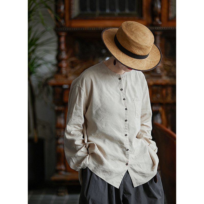 Original Niche Xia Su Beige Artistic Retro Loose Casual All-match Hemp Yarn Antique Shirt for Women