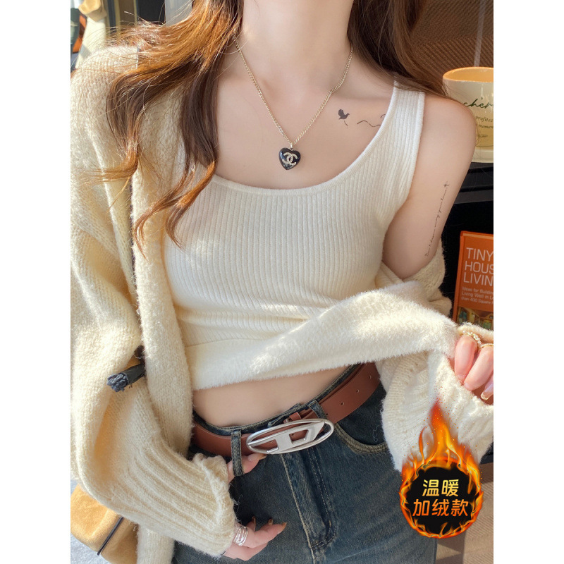 Kaning One-Piece Velvet Thermal Vest New Suspender Inner Wear for Women Autumn and Winter Fleece-Lined Thickeneded Bottoming Knitted Top for Women