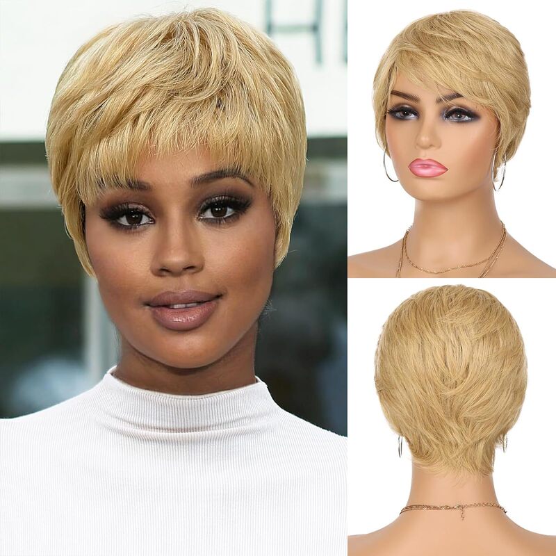 Wig Women's Blonde Short Elf Cross-Border Export Export Natural Short Straight Hair Amazon Temu Hot Style with Bangs