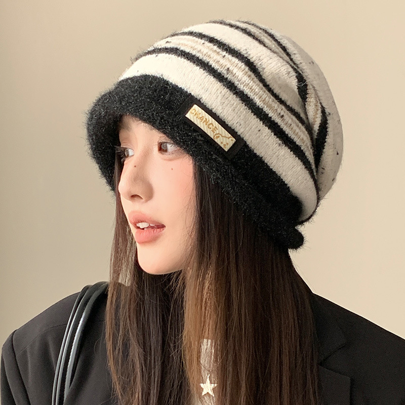 韩版秋冬帽子女款条纹针织帽大头围显脸小堆堆帽百搭保暖防风冷帽|undefined