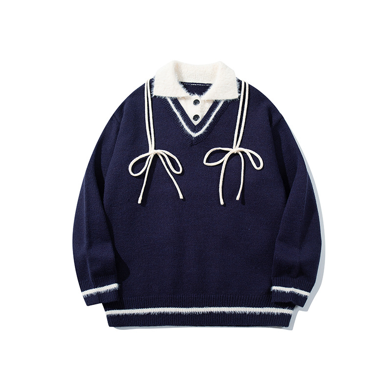YWFG ropa de mujer retro falso de dos piezas suéter de solapa de otoño y invierno nuevo suelto estilo universitario abrigo de punto casual