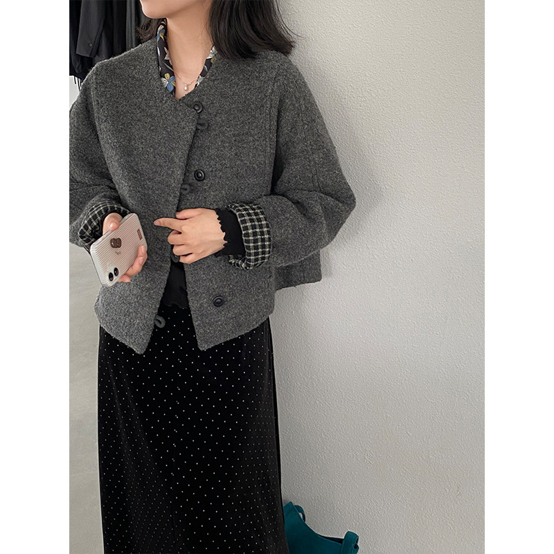 江左 韩版小香风70毛呢短外套小个子女冬季圆领简约宽松显瘦 1693