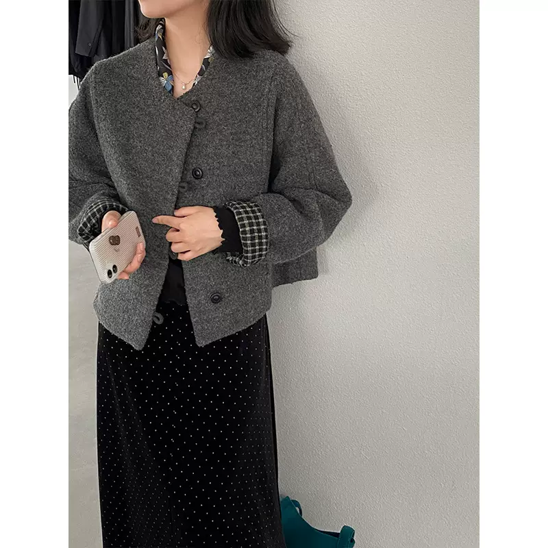 江左 韩版小香风70毛呢短外套小个子女冬季圆领简约宽松显瘦 1693