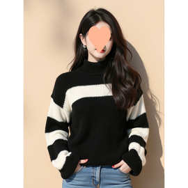跨境黑白撞色条纹毛衣女冬季新款今年流行复古粗线半高领针织上衣