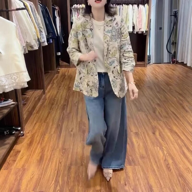 25050 Big Love Beauty Yiyuan 2025 Spring New and Old Money Style Printed Suit Jacket Loose Jeans Slimming Women
