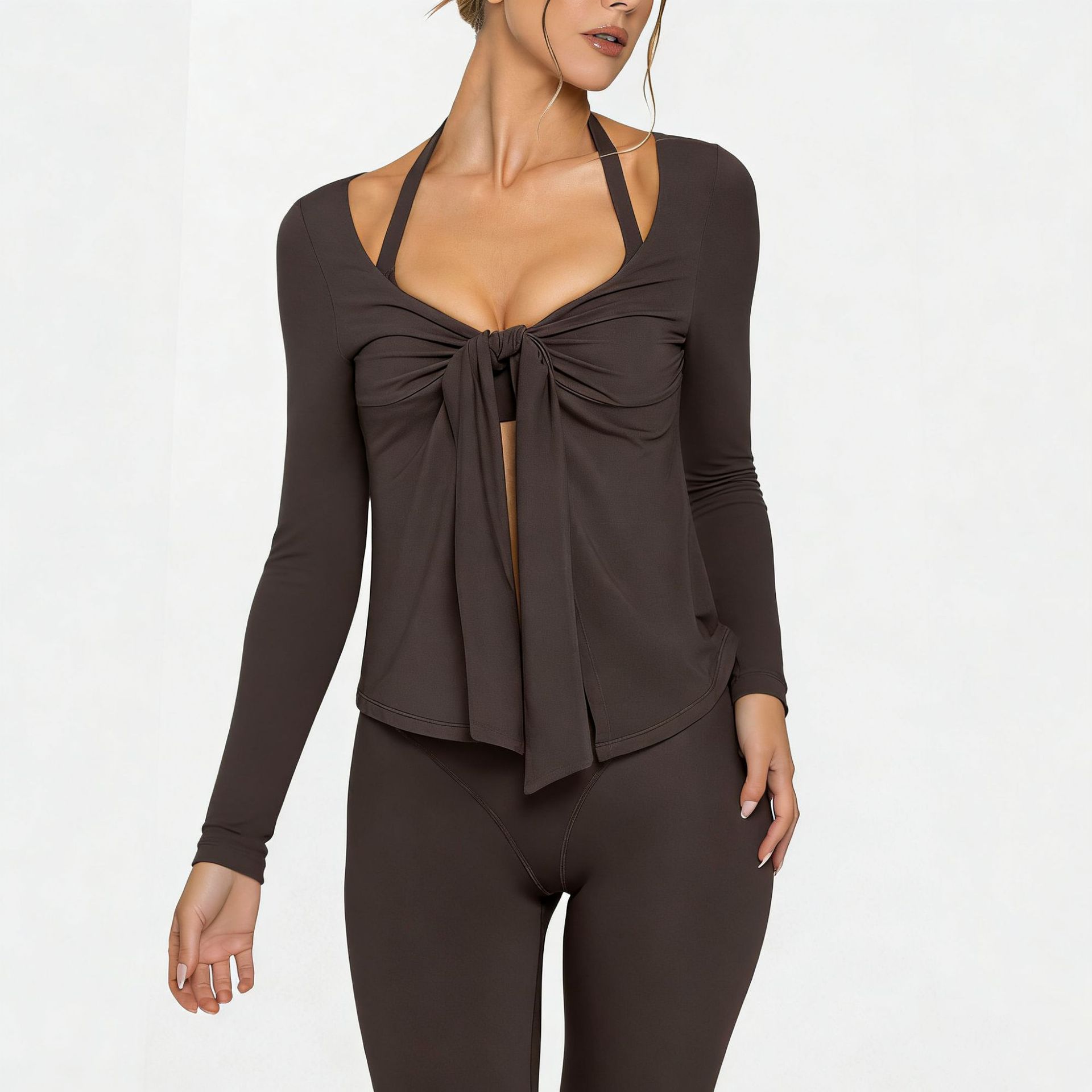 2026 chaqueta de yoga alta elástica pro-piel V corbata de manga larga deportes de comercio exterior fuera de la calle doble ajuste Pilates fitness