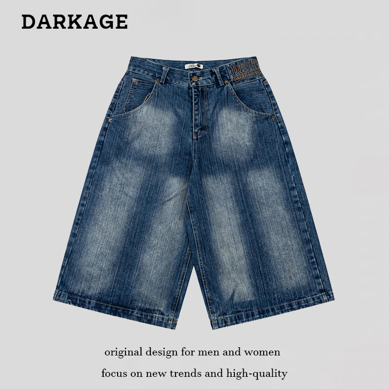 Unisex Vintage Paris Buckle Denim Capri Pants With Bamboo-Joint Wash, Relaxed Fit Over-Knee Shorts For Summer_mkmklike.com
