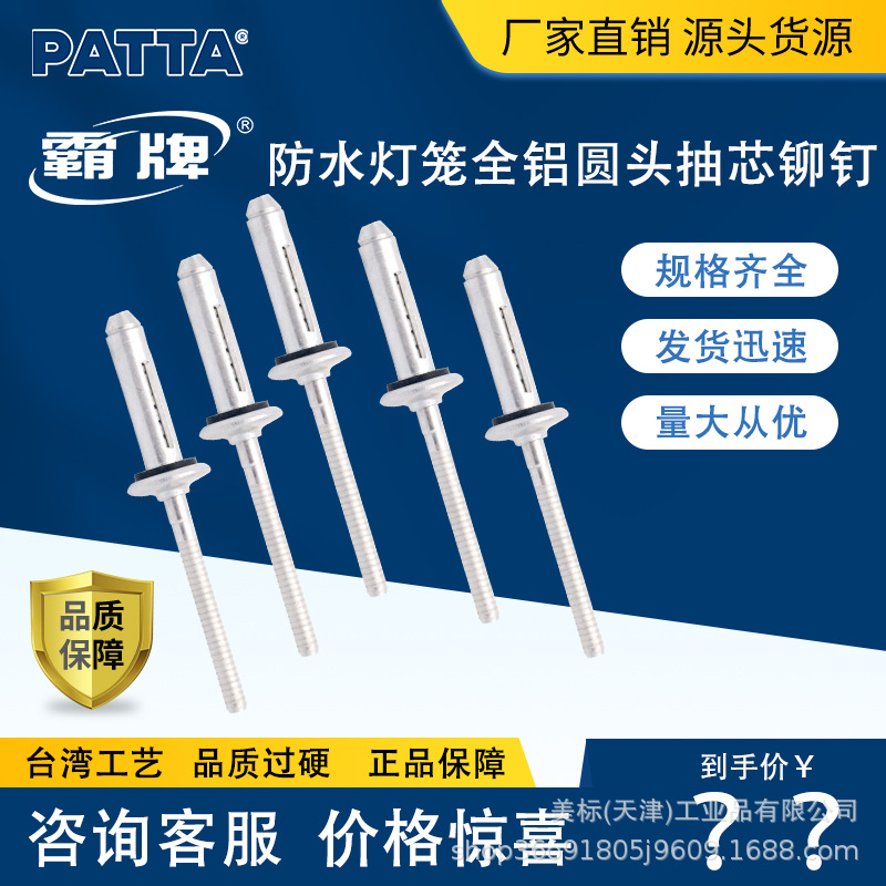 霸牌防水型灯笼圆元沉头抽芯拉铆钉带胶垫HLDL全铝灯笼拉铆钉工厂
