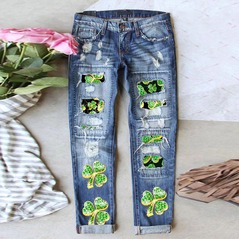 Factory Direct Sales European and American cross-border new San Paric Clover printing hot selling mid-waist straight women's jeans