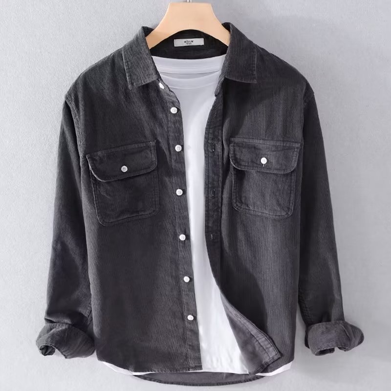 Camisas japonesas de camisa de manga larga de terciopelo para hombres primavera y otoño de color sólido chaqueta de rayas ropa casual para hombres chaqueta de moda