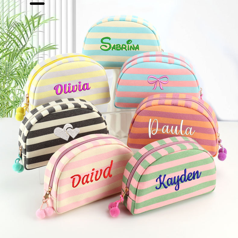 ETSY personalized embroidery striped pompom cosmetic bag canvas travel wash bag shell large capacity portable going out