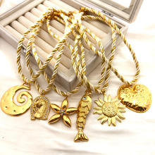 跨境个性高品质桃心鱼太阳花304不锈钢吊坠金色编制绳吊坠项链女