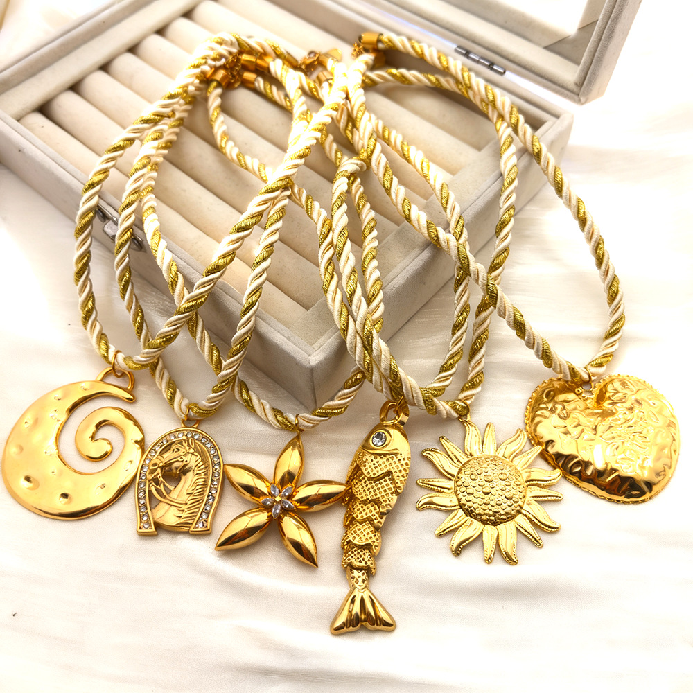 跨境个性高品质桃心鱼太阳花304不锈钢吊坠金色编制绳吊坠项链女