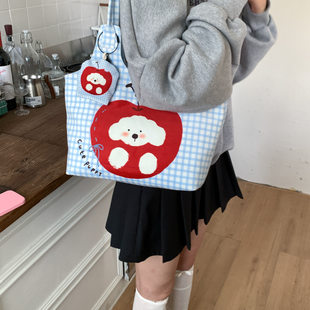 New 2025 cartoon illustration popular blue plaid large capacity tote bag for work and commuting this year for women