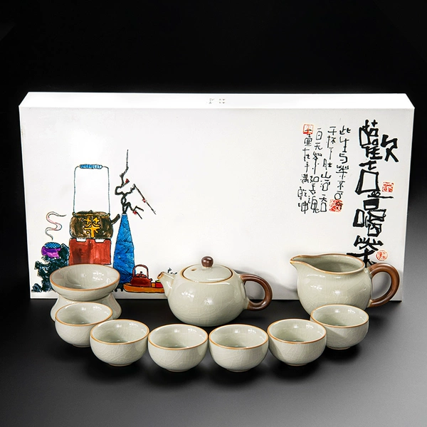 [Gift Box] Beige Ru Kiln Hometown Xishi Pot Six-Cup 9-piece Set + Happy Gift Box (Small)