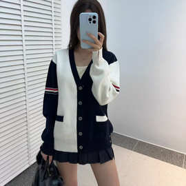tb秋冬双袖彩杠V领拼色棉线针织开衫女减龄学院风收腰毛衣外套