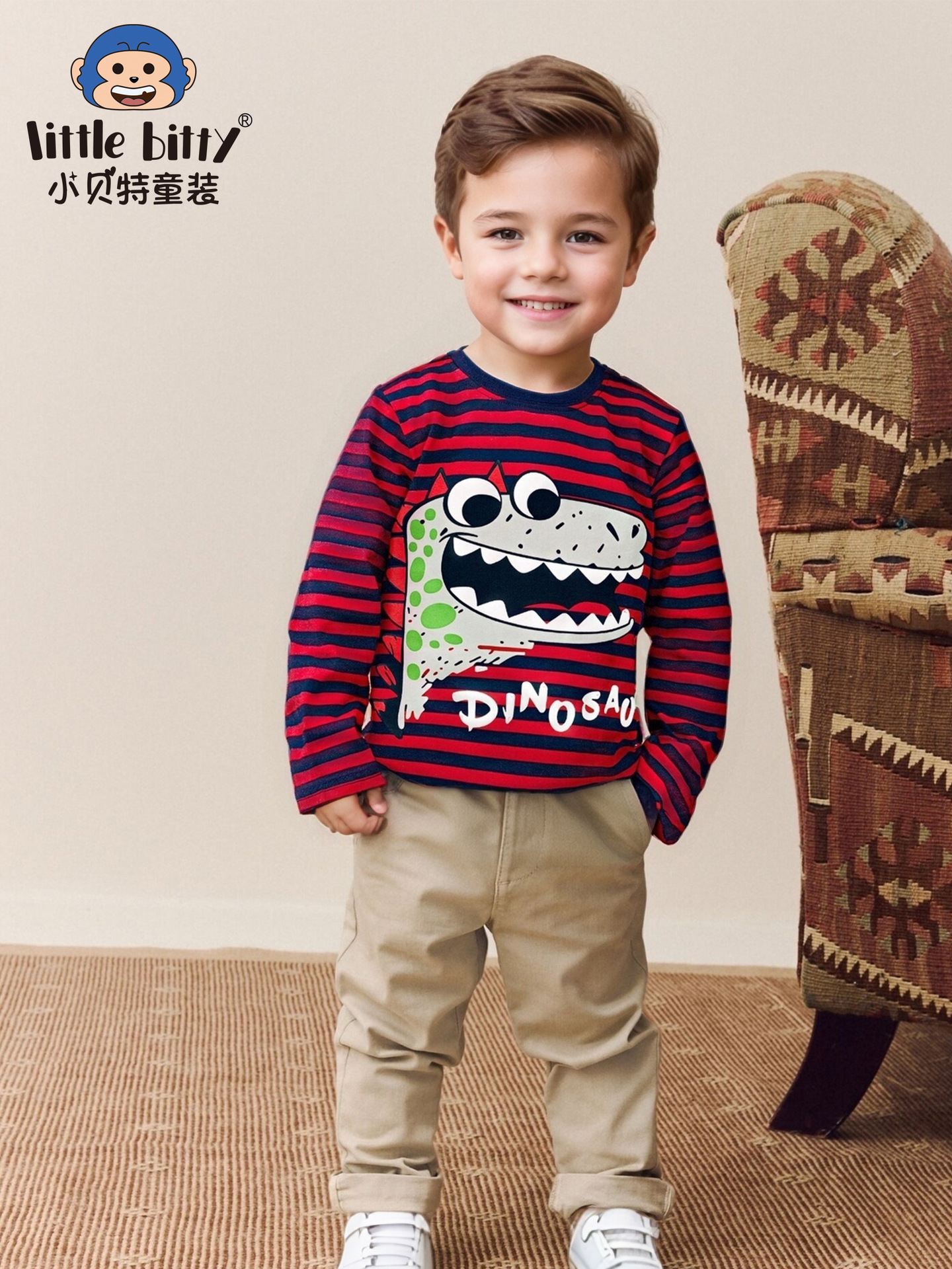 European and American Cross-Border 2025 Children's Fashion Autumn and Winter Striped Long-Sleeve T-Shirt Boys' Round Neck Pure Cotton Top in Stock