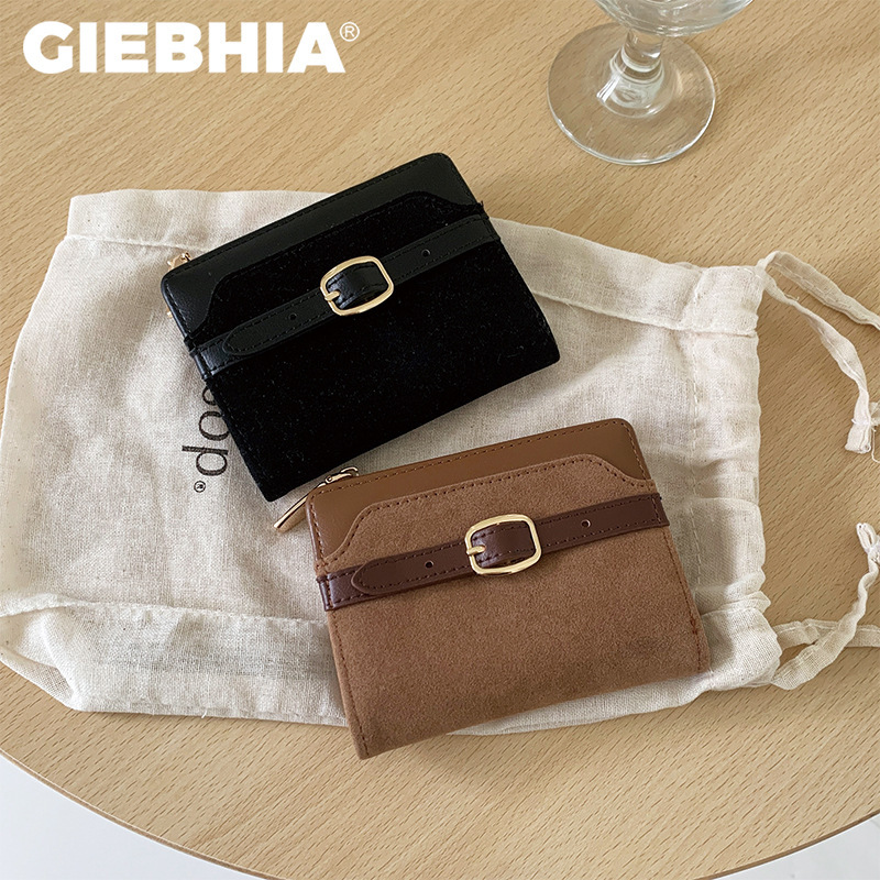 Miu Series Suede Patchwork~Short Women's Wallet Pu High-End Feel 80% off Simple Leather Wallet with Belt