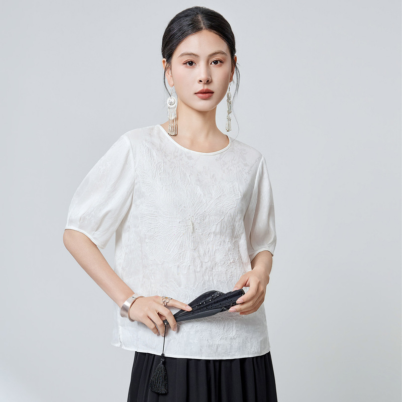 26 Summer New Chinese Style Silk and Linen Blend Elegant Lantern Sleeve Short-Sleeve Shirt with Lace Embroidery Jacquard Blouse Top 3871 26 Summer New Chinese Style Silk and Linen Blend Elegant Lantern Sleeve Short-Sleeve Shirt with Lace Embroidery Jacquard Blouse Top 3871
