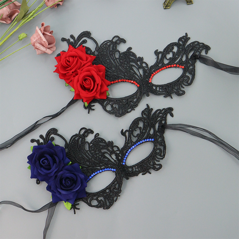 Fiesta de mascarada de Venecia Máscara de encaje sexy misteriosa rosa lateral de diamantes media cara carnaval accesorios de Halloween