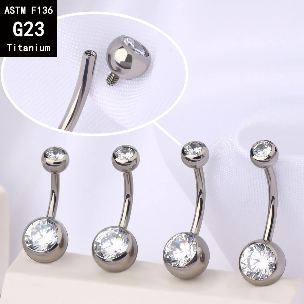 G23 Titanium Internally Threaded Double Head Drill Edge Inlaid Zircon Navel Ring Body Piercing Jewelry detail image 8