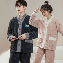 兔纹提花珊瑚绒睡衣女加绒加厚V领可外穿法兰绒情侣家居服套装男
