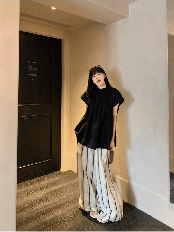 时尚气质套装黑色短袖衬衫上衣女夏季高腰条纹休闲裤阔腿裤两件套|undefined