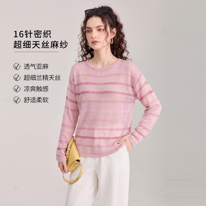 W2606109-16 Fine Knit Fine Ribbed Ultra-Thin Lenzing Tencel Lightweight Striped Long-Sleeve Women's Pullover Knitwear