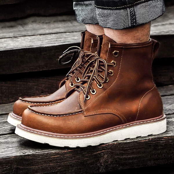 Crazy Horse Leather Distressed Short Boots 45 American Retro Style Martin Boots Men's 46 Winter Fleece-Lined Work Boots 47 Large Size Men's Shoes