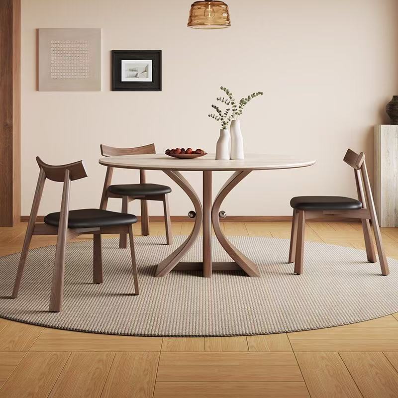 Mesa de comedor de tablero de roca de travertino de madera maciza americana, hogar francés de celebridades de Internet, mesa redonda de tablero de roca de pequeño apartamento de estilo antiguo moderno