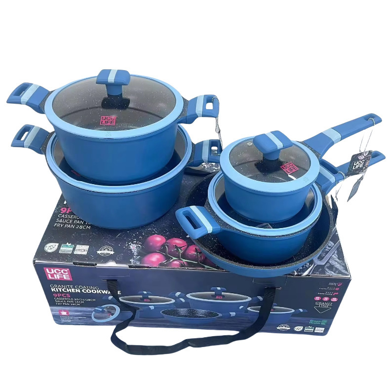 UCCLIFE Hot Pot Anti-adherente Set 9PCS Hot Pot Prensado de gran capacidad de fondo de inducción de mármol anti-adherente