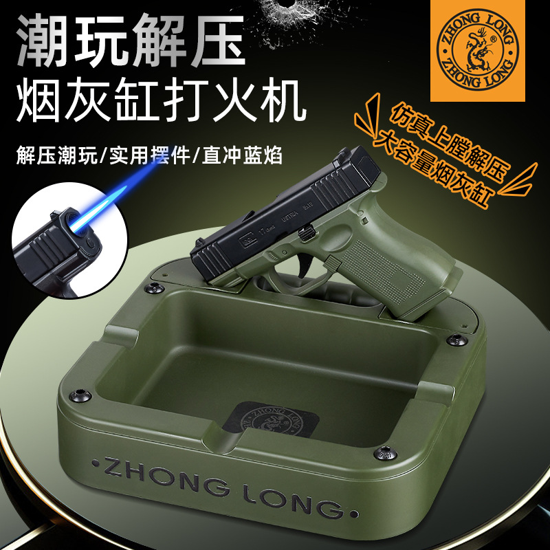 035B marea juegan encendedor de descompresión conjunto de cenicero cuadrado inflado a prueba de viento azul fuego adornos prácticos suministro transfronterizo