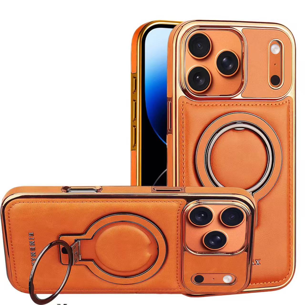 Ốp lưng iPhone 16/17 Pro Max/Pro/Plus da từ tính tích hợp giá đỡ chống rơi kèm vòng đeo tay — màu đen, màu xanh đậm, nâu nhạt, màu tím đậm chi tiết 9