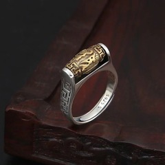 Vintage S925 silver six-word mantra drum bead rotating ring, personalized trendy creative unisex index finger opening ring