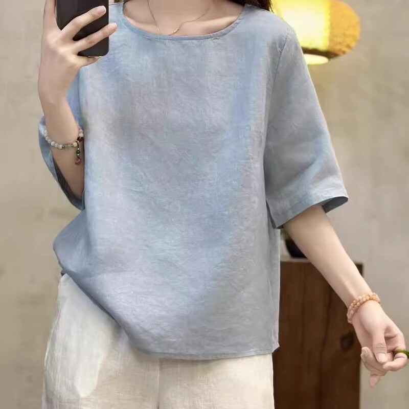 Cotton and Linen Short-Sleeved T-Shirt for Women 2025 Summer New Loose Casual Versatile Breathable Top Pure Color Round Neck Pullover Shirt Cotton and Linen Short-Sleeved T-Shirt for Women 2025 Summer New Loose Casual Versatile Breathable Top Pure Color Round Neck Pullover Shirt