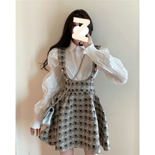 两件套泡泡袖秋套装女收腰背带裙中长款春长袖衬衫女格子2025