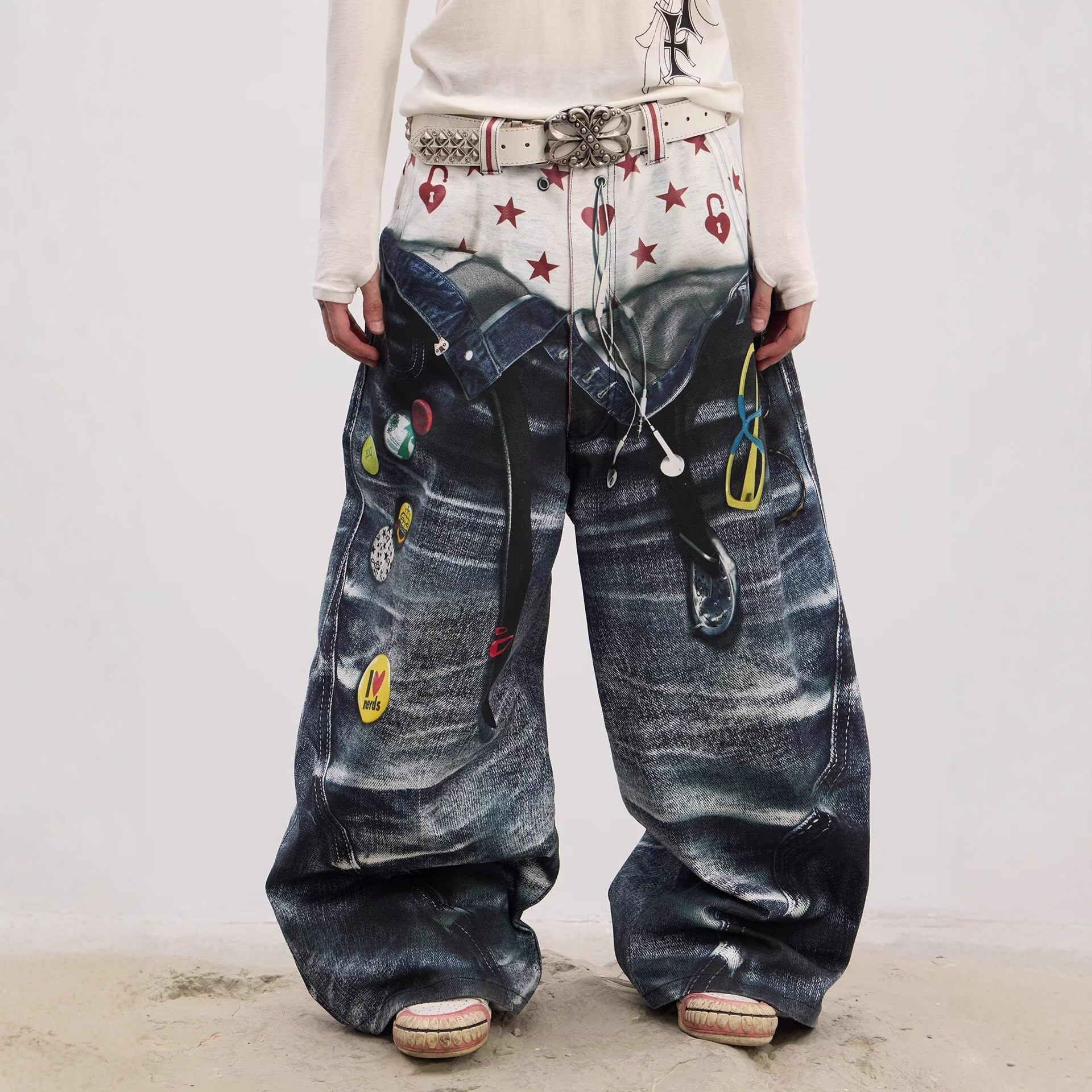 American Street Style 3D Digital Printed Jeans for Men in Summer Niche Design Loose Casual Distressed Wide-Leg Pants