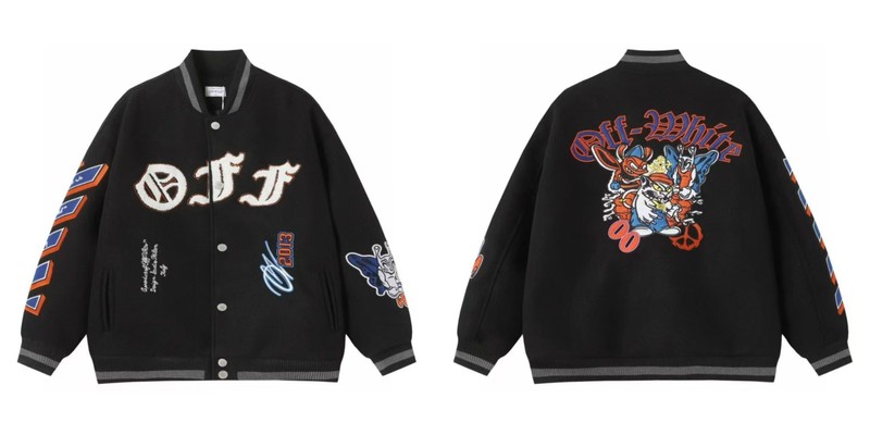 25新款OFF刺绣拼皮棒球服欧美潮牌男女青少年街头时尚夹克外套|undefined