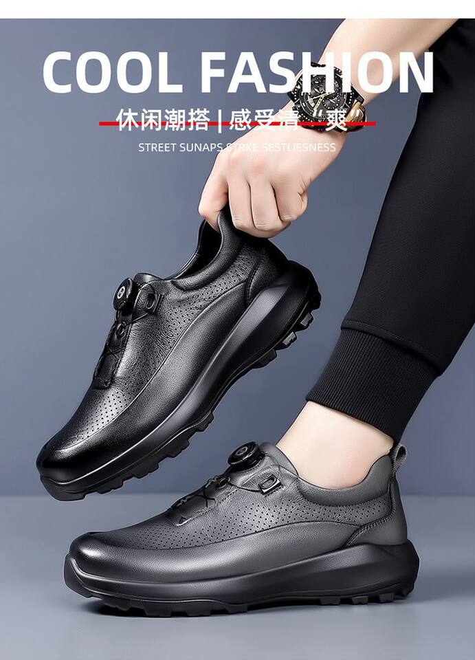 Giày da nam mũi tròn khoét lỗ thoáng khí, khóa xoay tiện lợi, gót thấp 1–3 cm — màu xám, màu đen chi tiết 5