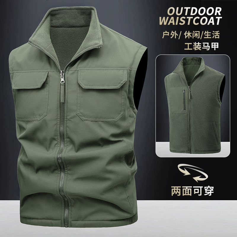 Primavera y otoño, uso de doble cara más chaleco de comercio exterior de terciopelo, chaleco de herramientas multibolsillo antisalpicaduras para exteriores para hombres, personalización avanzada